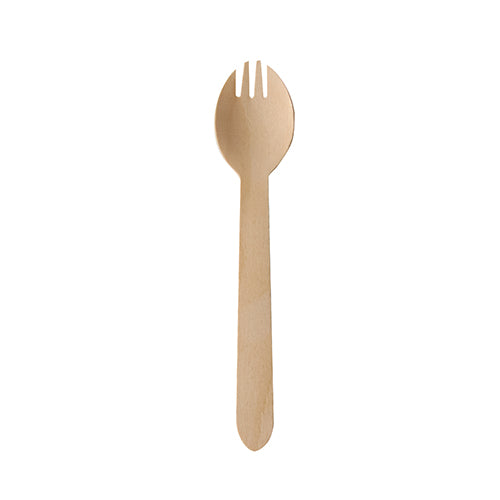 Der PAPSTAR 100 Göffel, Holz „pure“ 16cm von PAPSTAR GmbH ist ein umweltfreundlicher, biologisch abbaubarer Holz-Göffel mit rundem Griff und löffelförmiger Schale samt drei kurzen Zinken, präsentiert auf schlichtem weißen Hintergrund.