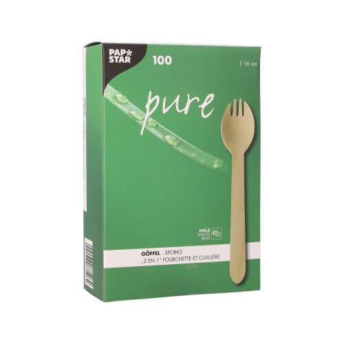 Eine grüne PAPSTAR-Box mit der Aufschrift „pure“ enthält 100 Holz Göffel (16 cm), biologisch abbaubare 2-in-1 Göffel aus Holz, mit Bild eines Göffels auf der rechten Seite; Ideal als umweltfreundliche Alternative.