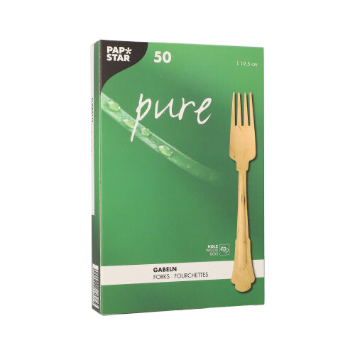 Die 50er-Box „pure“ Holz-Gabeln (19,5 cm, Vintage) der PAPSTAR GmbH wird in einer umweltfreundlichen Verpackung mit grünem Hintergrund und Holzgabel-Motiv geliefert, ist mit dem Hinweis „biologisch abbaubar“ versehen und enthält ein praktisches Papptray.