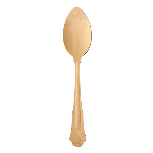 The PAPSTAR wooden spoon "pure" 19.5 cm in vintage design by PAPSTAR GmbH, with a rounded bowl and decorative handle, stands upright against a plain white background. Delivery is in a pack of 50 on a cardboard tray.