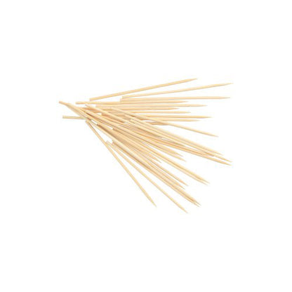 A stack of PAPSTAR bamboo "pure" finger food skewers, 10 cm, Ø 2.5 mm (1000 pieces) from PAPSTAR GmbH scattered on a white background.