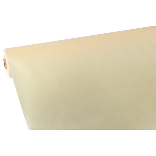 Eine Rolle Starpak-Tischdecke, stoffähnlich, Vlies „Soft Selection“ (40m x 1,18m) in Creme – teilweise abgerollt auf weißem Hintergrund.