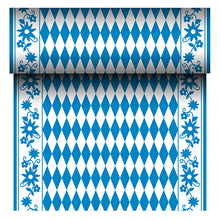 Der PAPSTAR Tischläufer Airlaid "Bayrisch Blau" (24 m x 40 cm) der PAPSTAR GmbH ist ein stoffähnlicher Tischläufer mit blau-weißer Rautenmitte und blauer Blumenbordüre. Die Rolle zeigt beim Abrollen ihr sich wiederholendes bayerisches Muster.