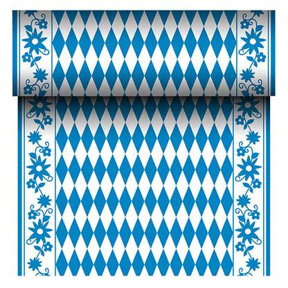 Der PAPSTAR Tischläufer Airlaid "Bayrisch Blau" (24 m x 40 cm) der PAPSTAR GmbH ist ein stoffähnlicher Tischläufer mit blau-weißer Rautenmitte und blauer Blumenbordüre. Die Rolle zeigt beim Abrollen ihr sich wiederholendes bayerisches Muster.
