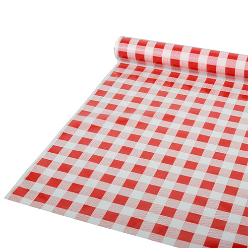 Auf einer flachen Fläche ist eine teilweise abgerollte Starpak-Tischdecke, Folie 50 m x 80 cm rot „Karo“ (1 Rolle), mit rot-weißem Karomuster abgebildet; das Material scheint eine Kunststofffolie zu sein.
