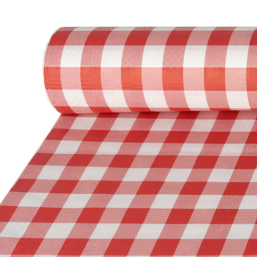 Das PAPSTAR Papiertischtuch mit Damastprägung in rot "Vichy Karo" (50 m x 1 m) der PAPSTAR GmbH verfügt über ein klassisches rot-weißes Karomuster und wird als Einzelrolle im Karton geliefert.