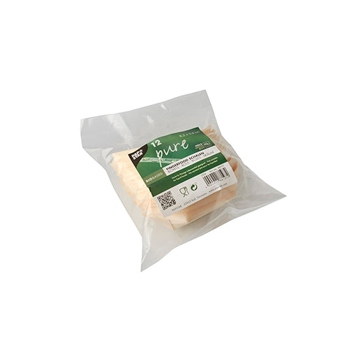 Eine versiegelte Kunststoffverpackung mit 12 PAPSTAR Holz „pure“ Fingerfoodschalen (8,5 x 5,5 cm „Schiffchen“) ist mit einem grün-weißen Etikett, Produktinformationen, Barcode und Umweltsymbolen auf schlichtem weißem Hintergrund abgebildet.