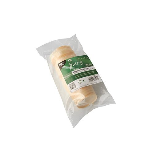In einem transparenten Kunststoffbeutel befinden sich zwölf PAPSTAR 12 Fingerfood-Schalen aus Holz „pure“, rund Ø 4,5 cm, der PAPSTAR GmbH, mit grün-weißem Etikett mit Produktinfos und Barcodes – ideal als nachhaltige Fingerfood-Schalen aus Holz.