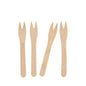 Four PAPSTAR snack forks made of wood "pure", 12.1 cm, from PAPSTAR GmbH are arranged on a white background. The eco-friendly forks in the bag (25 pieces) are biodegradable, simple, and identical in shape and color.