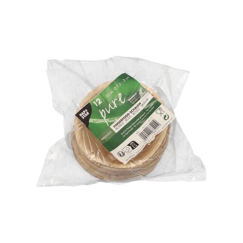 In a clear plastic packaging, there are 12 round "PAPSTAR 12 finger food bowls, bamboo 'pure'" from PAPSTAR GmbH – sustainable, eco-friendly disposable bowls made of bamboo with a green-black label, ideal for any occasion.