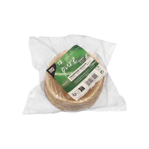 In einer Klarsichtverpackung befinden sich 12 runde „PAPSTAR 12 Fingerfood - Schalen, Bambus ‚pure‘“ der PAPSTAR GmbH – nachhaltige, umweltfreundliche Einwegschalen aus Bambus mit grün-schwarzem Etikett, ideal für jeden Anlass.