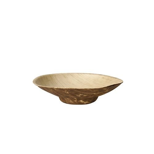 In front of a simple white background, a flat, round bowl made of brown bamboo wood from the 12-piece finger food bowl set "pure" from PAPSTAR GmbH can be seen.