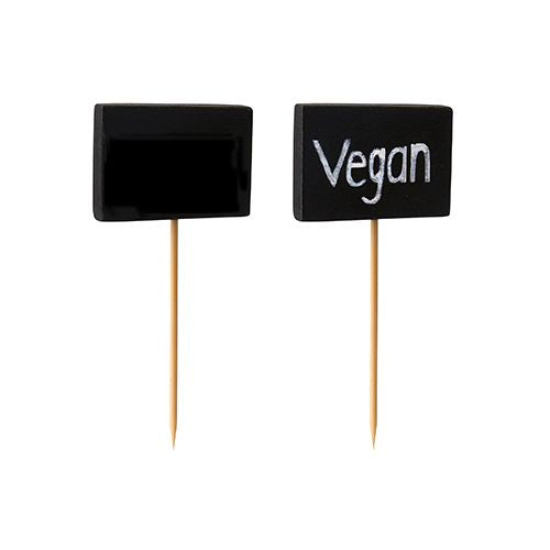 PAPSTAR 20 Fingerfood-Picker 8,5 cm "Blackboard" (20 Stück): Zwei kleine rechteckige Tafel-Schilder auf Holzstäben – eines unbedruckt, eines mit "Vegan" in Weiß – ideal für Party-Snacks. Marke: PAPSTAR GmbH.