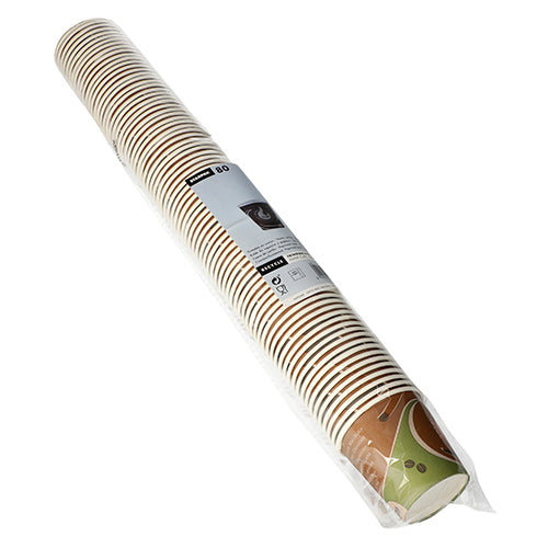 Eine lange, versiegelte Hülle fasst 80 Starpak Trinkbecher, Pappe „To Go“ (0,1 l, Ø 6,3 cm) im braun-grünen Design – ideal für heiße oder kalte Getränke zum Mitnehmen. Die Verpackung verfügt über ein weißes Etikett mit Produktinformationen und Symbolen.