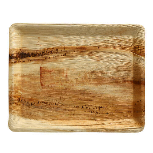 The PAPSTAR 25 trays, palm leaf "pure" square from PAPSTAR GmbH is an eco-friendly rectangular tray made from natural palm leaf with visible brown stripes and a wood-like surface, depicted on a white background.
