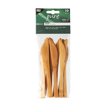 In a transparent plastic packaging, there are 10 PAPSTAR bamboo knives "pure" (16 cm), environmentally friendly and stable, arranged vertically with the brand name of PAPSTAR GmbH at the top.