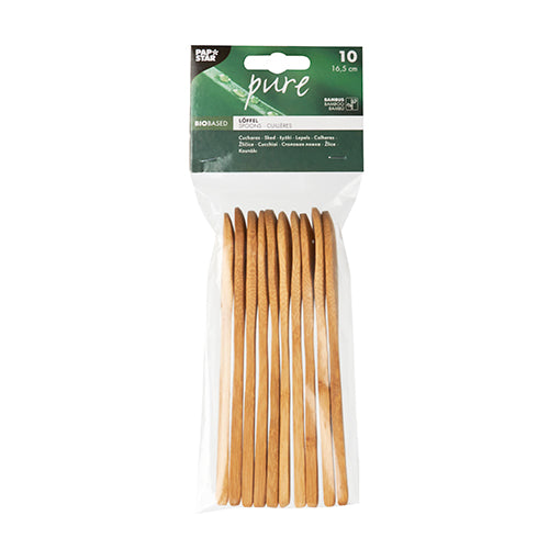 Eine Packung mit 10 PAPSTAR „pure“ Bambuslöffeln (16,5 cm) in einem Klarsichtbeutel mit grün-weißem Etikett auf der Oberseite, das die Marke PAPSTAR GmbH zeigt und auf biobasierte Bambuslöffel hinweist.