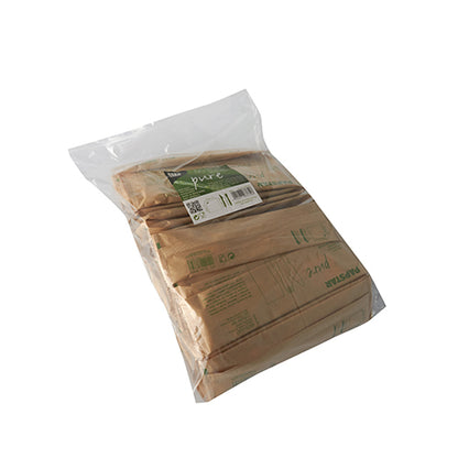 A transparent plastic bag with 50 PAPSTAR "pure" wooden cutlery sets and napkins in paper bags – ideal for sustainable party products or eco-friendly packaging solutions from PAPSTAR GmbH.