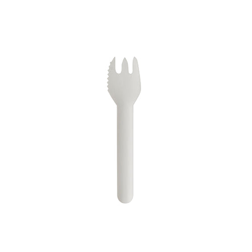 A pack of 100 white PAPSTAR cake and snack forks "pure" (12.7 cm, serrated) by PAPSTAR GmbH, shown isolated on a white background.