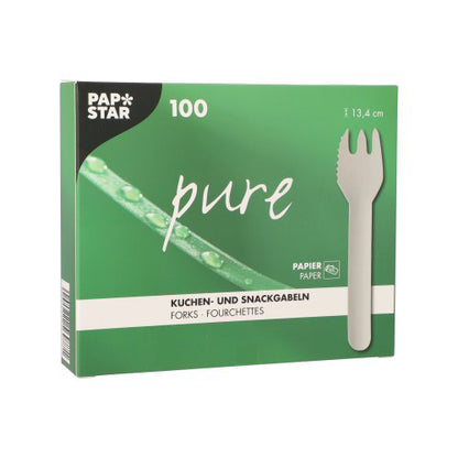A green "PAPSTAR pure" box by PAPSTAR GmbH contains 100 white, serrated cake and snack forks made of paper (12.7 cm). The packaging shows a fork image and a close-up of a plant stem with water droplets.