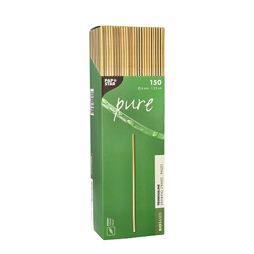 Eine grüne PAPSTAR „pure“-Box mit 150 biologisch abbaubaren Strohhalmen, jeweils 23 cm lang und 4 mm Durchmesser. Die Verpackung zeigt einen Strohhalm und einen offenen Bereich – ideal als Plastikalternative. Marke: PAPSTAR GmbH.