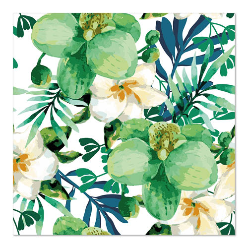 Ein nahtloses Aquarellmuster mit grünen und weißen Orchideen und üppigen Blättern auf Weiß, ideal für PAPSTAR GmbH 20 Servietten, 33 cm x 33 cm, 3-lagig, 1/4-Falz Design Set 1.