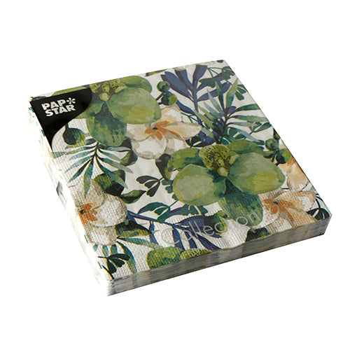PAPSTAR 20 Servietten, 33 x 33 cm, 3-lagig, 1/4-Falz von PAPSTAR GmbH. Mit floralen und grün/orangenen Motiven, verpackt in Klarsichtfolie mit "Papstar Collection"-Label.