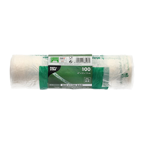 Die PAPSTAR GmbH 100 Hemdchen-Tragetaschen aus transparenter Bio-Folie (47x22x13 cm) auf Rolle sind umweltfreundliche Knotenbeutel und ideal für den täglichen Gebrauch, praktisch verpackt mit grün-weißem Etikett.