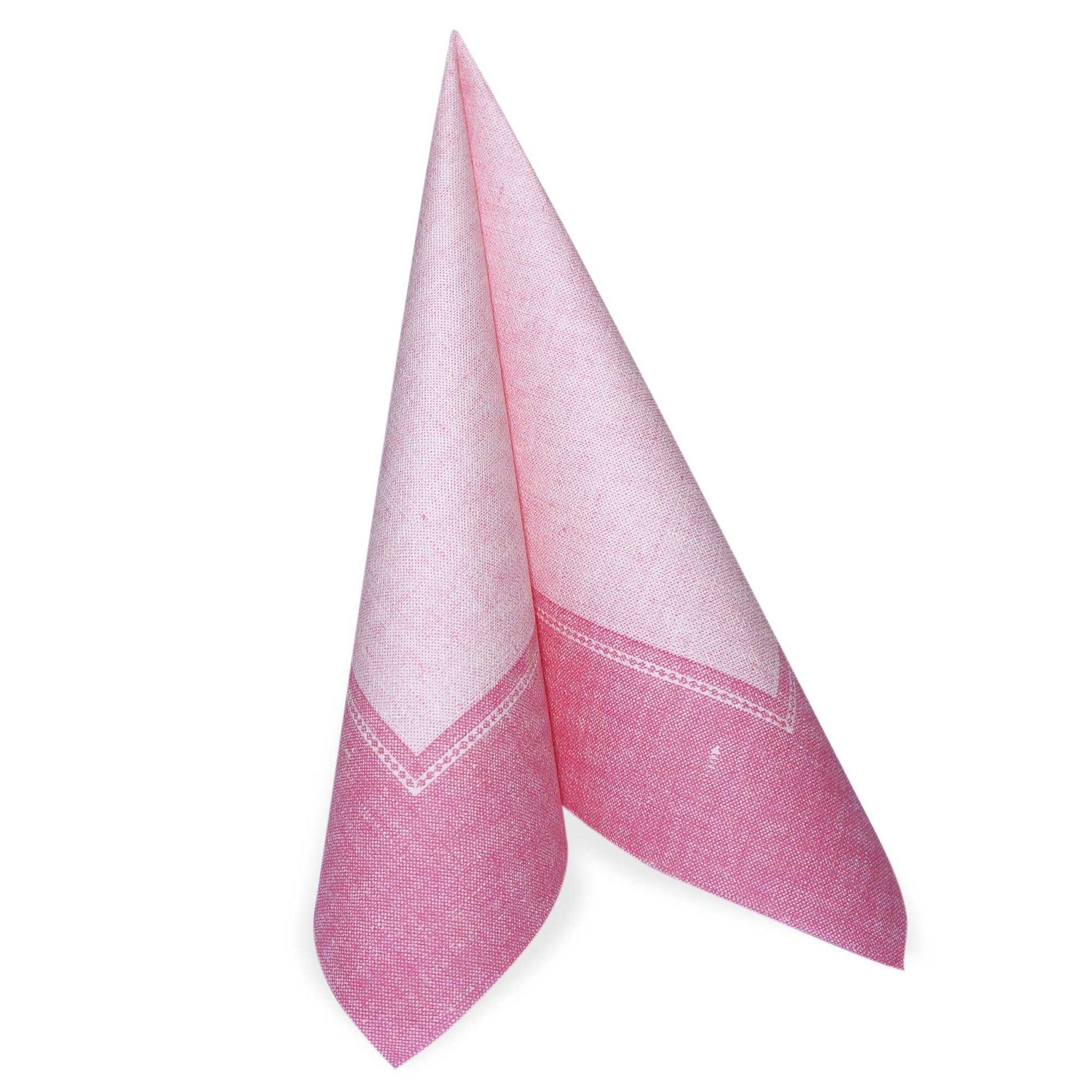 Eine rosafarbene PAPSTAR GmbH "ROYAL Collection" Serviette (40 x 40 cm, 1/4-fach, rosa) mit hellrosa Rand ist aufrecht und spitz gefaltet vor weißem Hintergrund.