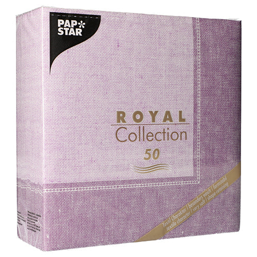 Eine Packung PAPSTAR 50 Servietten "ROYAL Collection" 1/4-Falz 40 x 40 cm in fuchsia. Auf der Vorderseite sind die Marke und der Kollektionsname der PAPSTAR GmbH abgebildet, was auf den Inhalt von 50 Servietten hinweist.