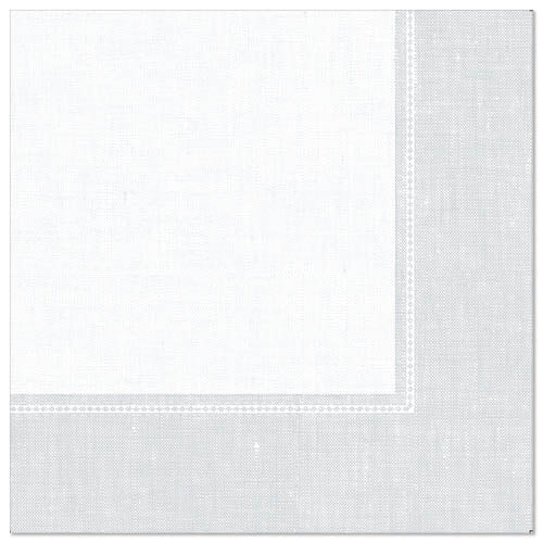 Weiße, quadratische Serviette aus der "ROYAL Collection" der PAPSTAR GmbH (40 x 40 cm, 1/4-Falz), abgebildet auf einem unifarbenen, weißen Hintergrund, mit hellgrauem Rand und dezentem Stepprandmuster. Packung mit 50 Stück.