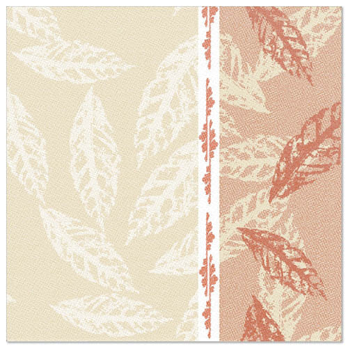 Ein quadratisches Muster in Hellbeige und Rost mit Blattmotiv und vertikalem weißen Streifen - ideal für PAPSTAR GmbH 50 Servietten "ROYAL Collection" 1/4-Falz 40 x 40 cm rot.