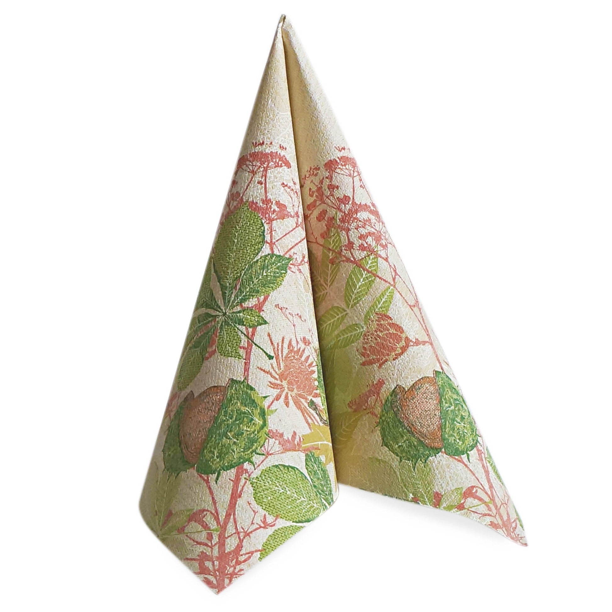 Die gefaltete Serviette PAPSTAR 50 Servietten "ROYAL Collection" 1/4-Falz 40 x 40 cm mit Blumen- und Blattmuster steht aufrecht auf weißem Grund und verleiht jedem gedeckten Tisch Eleganz. Marke: PAPSTAR GmbH.