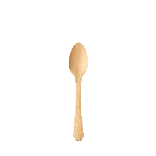 Ein PAPSTAR 50 Kaffeelöffel, Holz „pure“ 12 cm natur „Vintage“ von PAPSTAR GmbH ist zentriert auf einem schlichten weißen Hintergrund platziert.