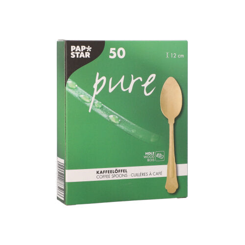 Eine grüne „PAPSTAR pure“-Box enthält 50 naturbelassene Kaffeelöffel (12 cm) aus Holz im Vintage-Stil. Die Vorderseite zeigt einen Löffel und einen Pflanzenstiel mit Wassertropfen. Produkt: PAPSTAR 50 Kaffeelöffel, Holz „pure“, Vintage, Faltschachtel.