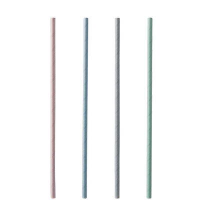 Four straight PAPSTAR GmbH paper straws (21 cm, Ø 6 mm) are arranged vertically against a white background. The colorful PAPSTAR straws are available in light pink, blue, gray, and green.