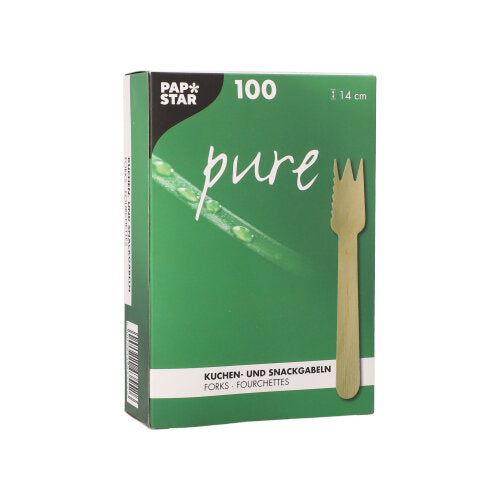 Eine grüne Box mit der Aufschrift „PAPSTAR 100 Kuchen- und Snackgabeln, Holz 'pure' 14 cm mit einseitig gezacktem Rand“ der PAPSTAR GmbH enthält 100 Holzgabeln (14 cm), abgebildet mit Gabelbild und deutsch/englischem Text auf der Vorderseite.