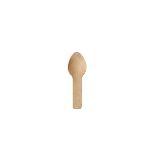 Ein PAPSTAR 100 Fingerfood-Löffel aus hellem Holz „pure“, 7,6 cm, mit flachem Griff von PAPSTAR GmbH ist auf weißem Hintergrund zentriert zu sehen.