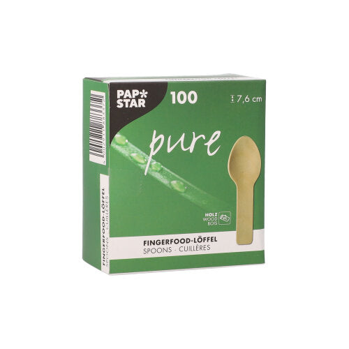Eine grün-weiße Schachtel der PAPSTAR GmbH mit der Aufschrift „pure“ enthält 100 Fingerfood-Löffel (7,6 cm) aus Holz in einer Pappschale, mit mehrsprachigem Text und einer Abbildung eines Löffels auf der Verpackung.