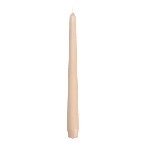 Eine einzelne, unbeleuchtete Starpak 50 Leuchterkerze (Ø 2,2 cm - 25 cm) steht aufrecht vor einem weißen Hintergrund - diese elegante, beigefarbene Kerze zeigt die hochwertige Handwerkskunst von Starpak.