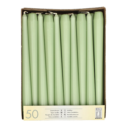 Schachtel mit 50 Starpak Leuchterkerzen (Ø 2,2 cm, 25 cm), hellgrün, vertikal in zwei Reihen angeordnet, mit einem Bodenetikett mit Mengen- und Produktangaben.
