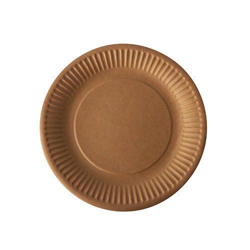The 50 plates, cardboard "pure" round - brown from PAPSTAR GmbH are eco-friendly, round brown cardboard plates with a textured edge - biodegradable and compostable, depicted from above on a white background.