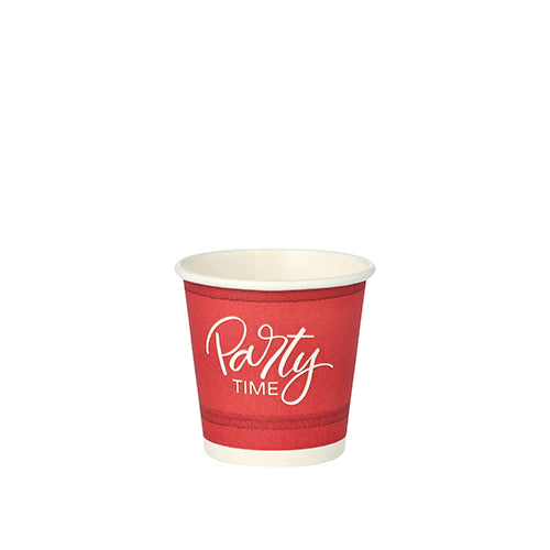 Ein kleiner roter PAPSTAR 50 Trinkbecher aus stabiler Pappe (5 cl, Ø 5 cm) mit weißem „Party Time“-Schriftzug vorne, von PAPSTAR GmbH, vor weißem Hintergrund.