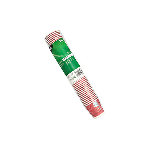 Ein 50er-Pack PAPSTAR-Pappbecher „Party Time“ rot (5 cl, Ø 5 cm) der PAPSTAR GmbH ist in Klarsichtfolie verpackt und mit einem grünen Etikett versehen; die Becher sind leicht nach rechts geneigt gestapelt.