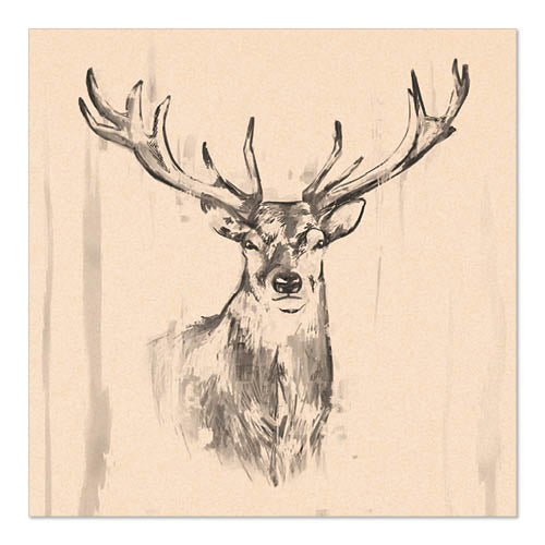 On beige PAPSTAR 20 napkins, 33x33 cm, 3-ply, 1/4-folded from PAPSTAR GmbH is a black and white deer sketch with large antlers - stylish and natural napkins for any occasion.