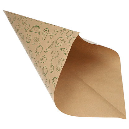 Die PAPSTAR 1000 Spitztüten, Kraftpapier braun „Fruits & Vegs“ der PAPSTAR GmbH sind leere, teilweise geöffnete Lebensmitteltüten mit hellgrünen Obst- und Gemüsemotiven – ideal für den umweltfreundlichen Transport von Obst und Gemüse.