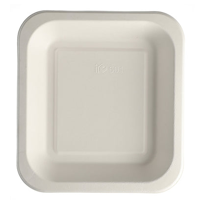 The PAPSTAR 50 sealing bowls made from sugarcane (4.2 x 24.5 x 26.5 cm), white and square with slightly rounded corners and raised edges, have a simple surface with a small embossed code near the top center.