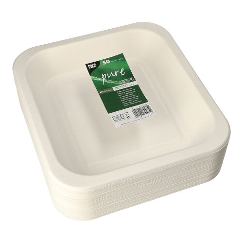 A stack of white PAPSTAR 50 sealing bowl plates made from sugarcane with dimensions 4.2 x 24.5 x 26.5 cm, with a green-white 'pure' label, marking the eco-friendly packaging of PAPSTAR GmbH.