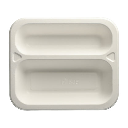 A white, rectangular PAPSTAR 100 sealable sugarcane 2-compartment tray from PAPSTAR GmbH with two compartments (one small, one large) and a smooth surface - perfect for eco-friendly catering events.