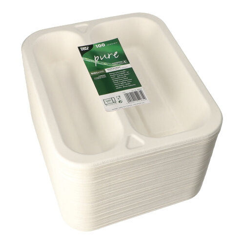 Ein Stapel PAPSTAR 100 Siegelschalen, Zuckerrohr 2-geteilt, weiße Tabletts der PAPSTAR GmbH, jeweils mit zwei Fächern und einem „pure“-Label – perfektes umweltfreundliches Einweggeschirr für Catering-Events.